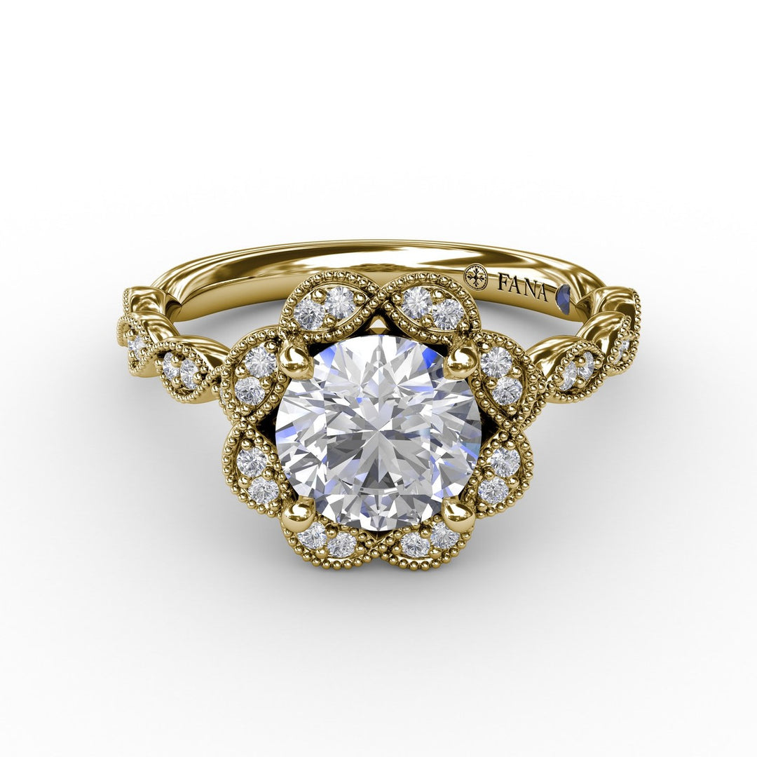 Round Diamond Engagement Ring With Floral Halo and Milgrain Details