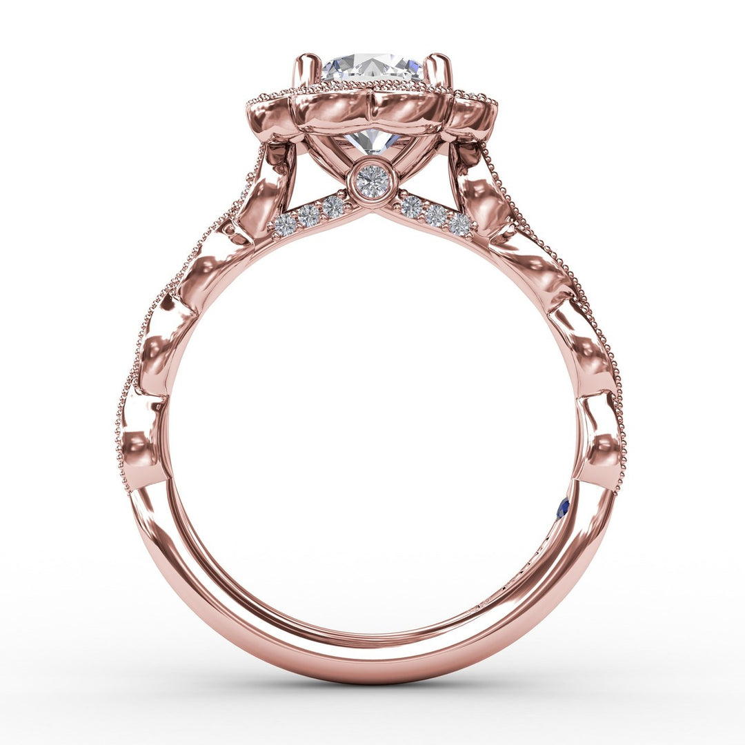 Round Diamond Engagement Ring With Floral Halo and Milgrain Details