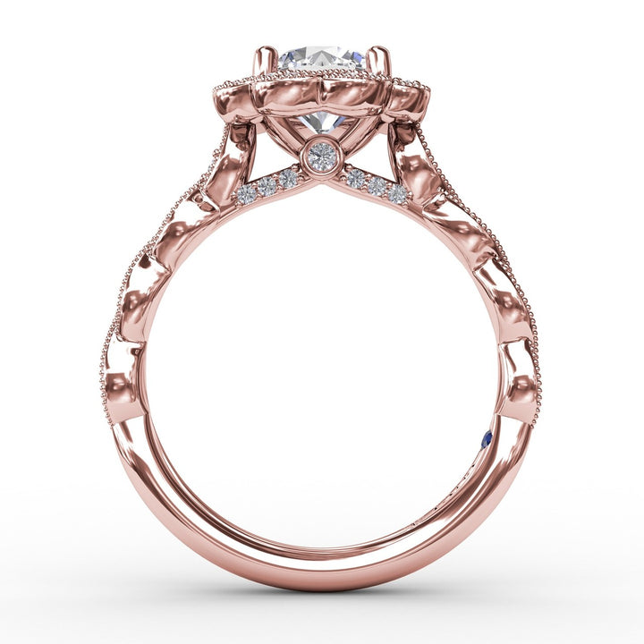 Round Diamond Engagement Ring With Floral Halo and Milgrain Details