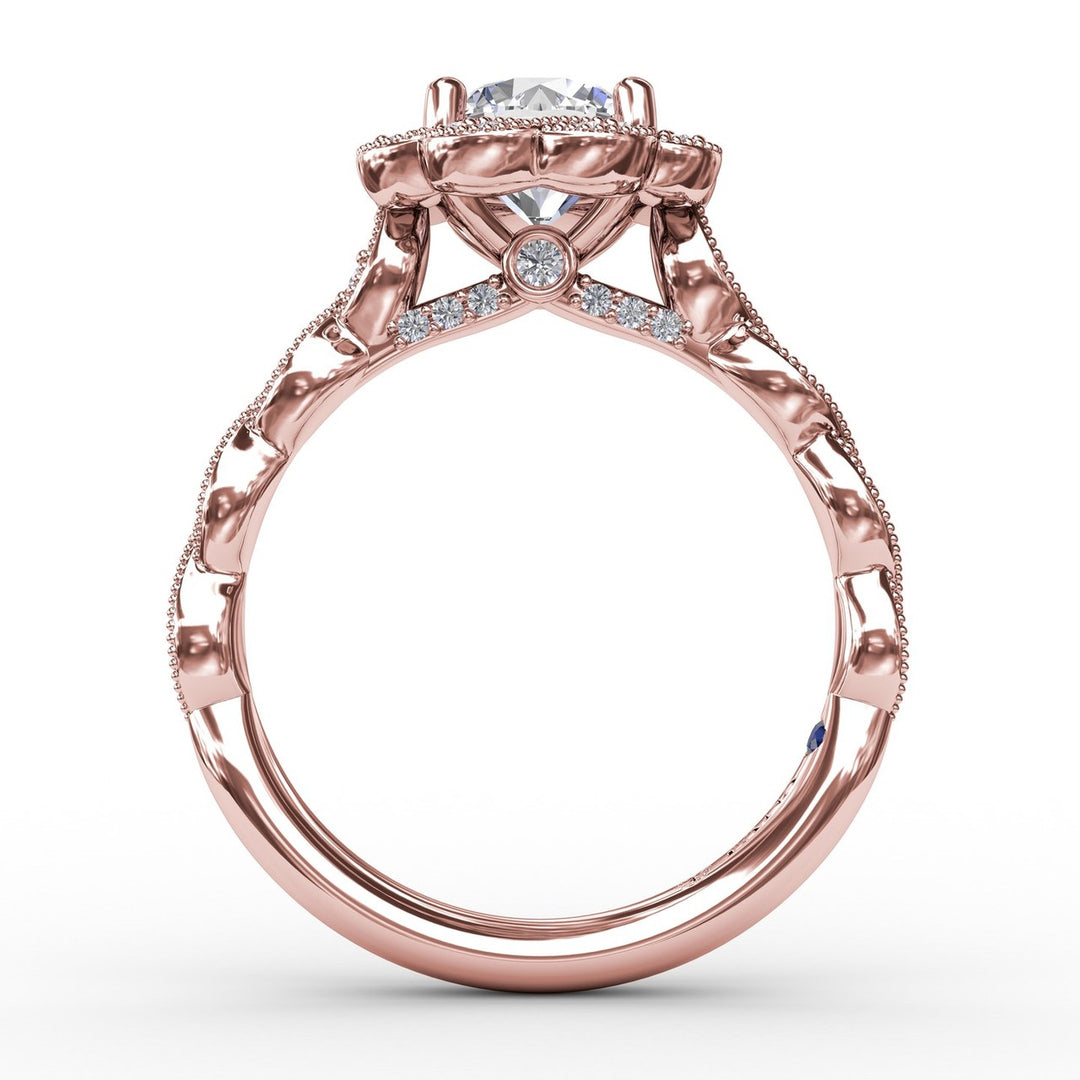 Round Diamond Engagement Ring With Floral Halo and Milgrain Details