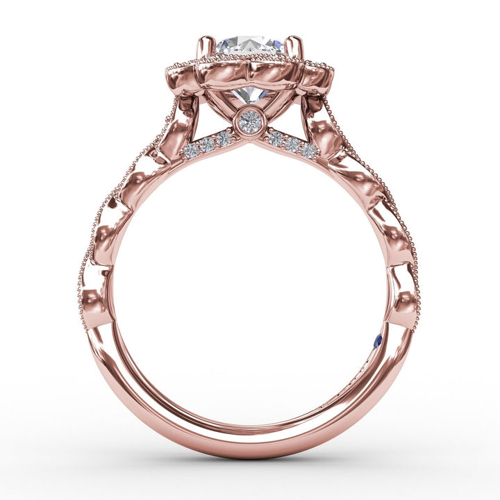 Round Diamond Engagement Ring With Floral Halo and Milgrain Details