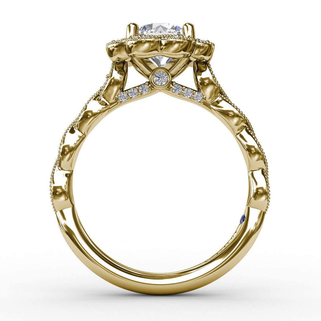 Round Diamond Engagement Ring With Floral Halo and Milgrain Details