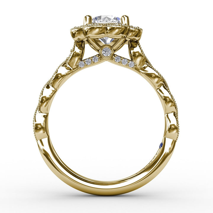 Round Diamond Engagement Ring With Floral Halo and Milgrain Details