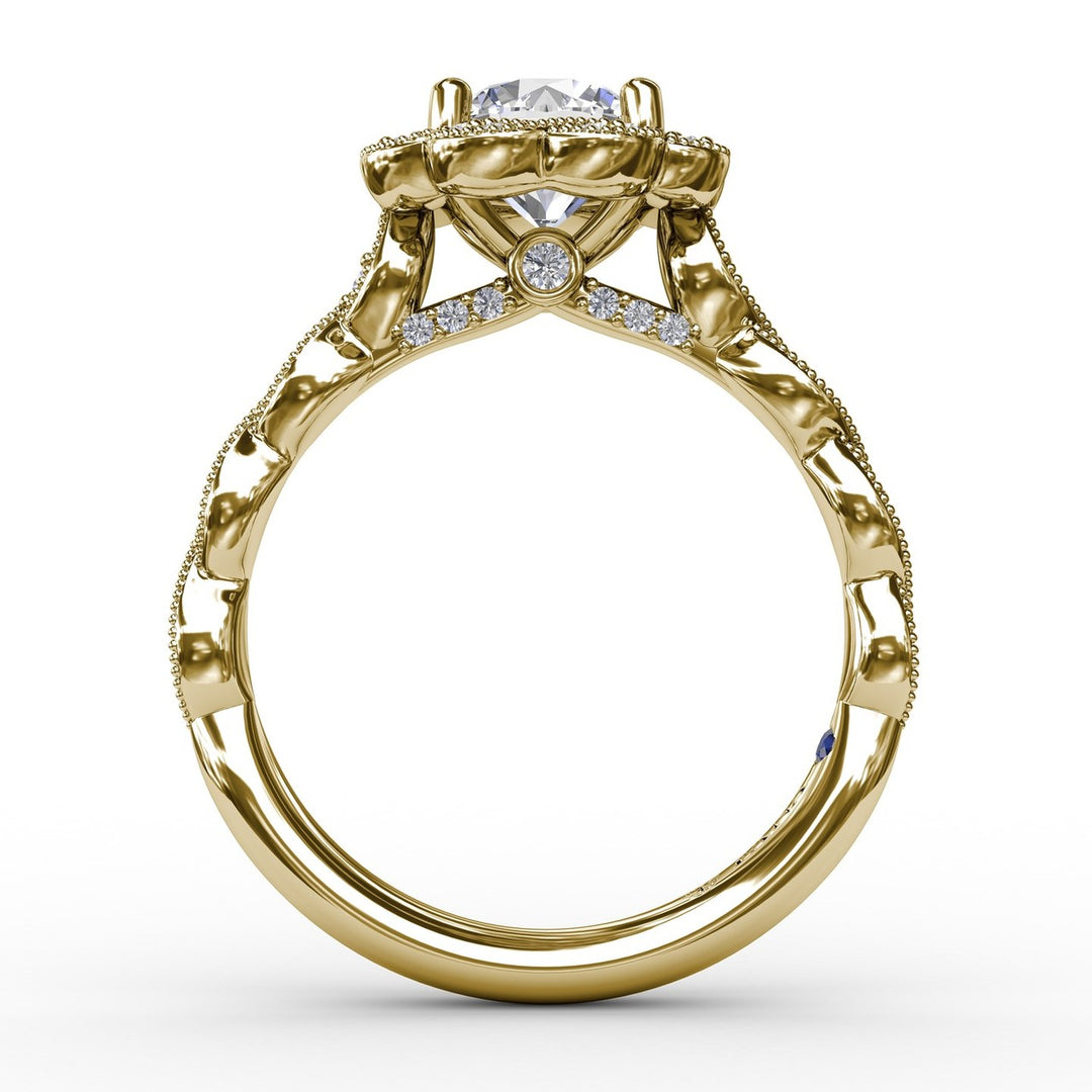 Round Diamond Engagement Ring With Floral Halo and Milgrain Details