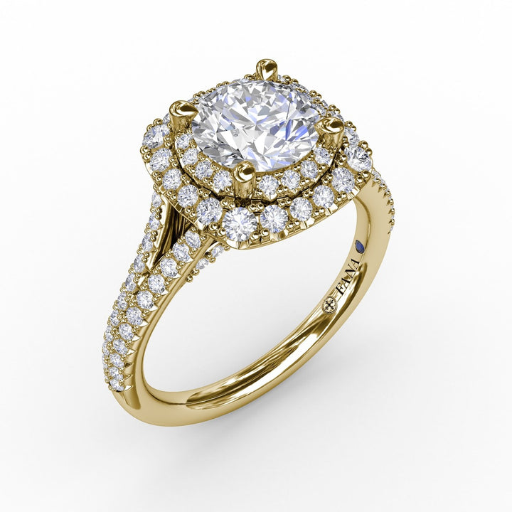 Cushion-Shaped Double Halo Pav? Diamond Engagement Ring with Split Shank