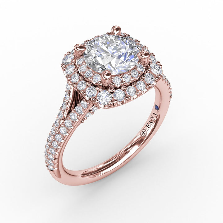Cushion-Shaped Double Halo Pav? Diamond Engagement Ring with Split Shank