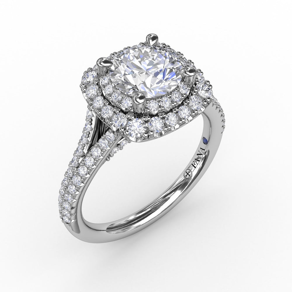 Cushion-Shaped Double Halo Pav? Diamond Engagement Ring with Split Shank
