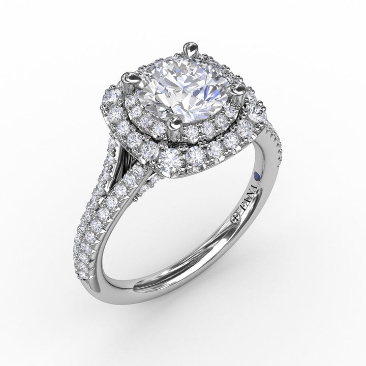 Cushion-Shaped Double Halo Pav? Diamond Engagement Ring with Split Shank