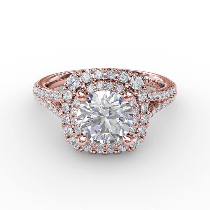 Cushion-Shaped Double Halo PavÃ© Diamond Engagement Ring with Split Shank