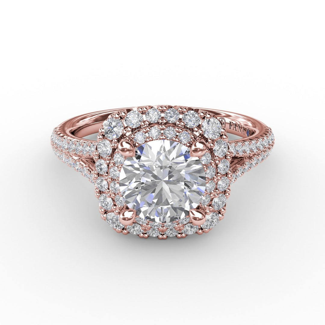 Cushion-Shaped Double Halo PavÃ© Diamond Engagement Ring with Split Shank