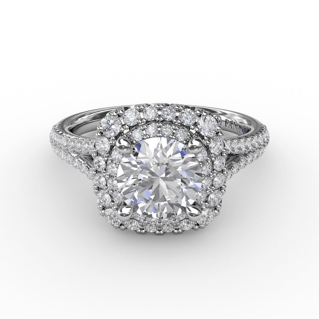Cushion-Shaped Double Halo PavÃ© Diamond Engagement Ring with Split Shank