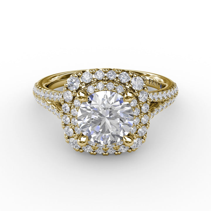 Cushion-Shaped Double Halo PavÃ© Diamond Engagement Ring with Split Shank