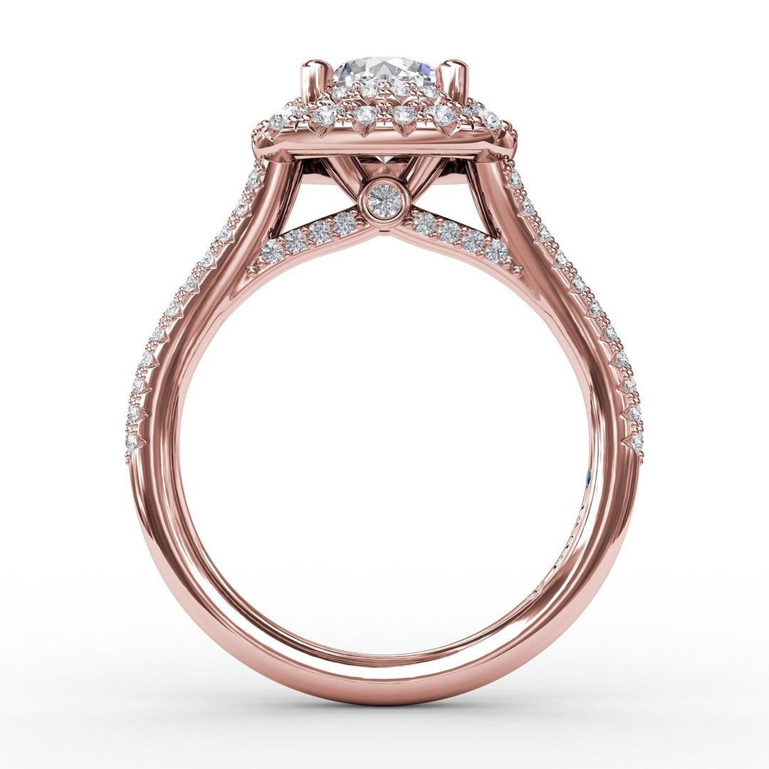 Cushion-Shaped Double Halo PavÃ© Diamond Engagement Ring with Split Shank
