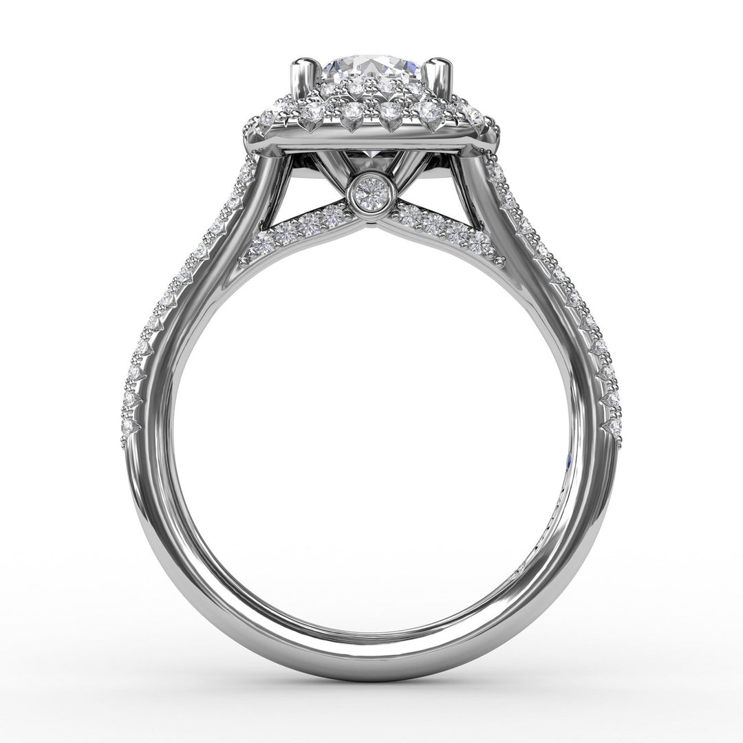 Cushion-Shaped Double Halo Pavé Diamond Engagement Ring with Split Shank