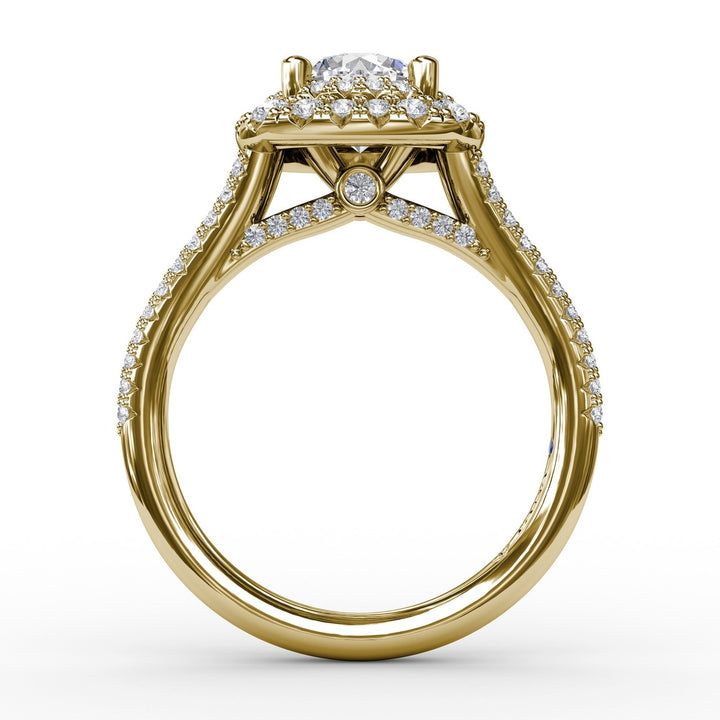 Cushion-Shaped Double Halo PavÃ© Diamond Engagement Ring with Split Shank