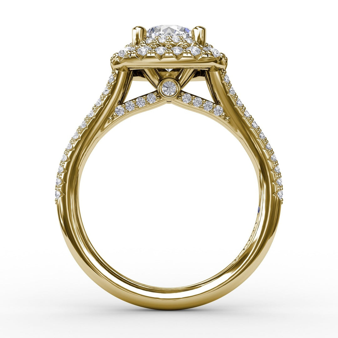 Cushion-Shaped Double Halo Pavé Diamond Engagement Ring with Split Shank