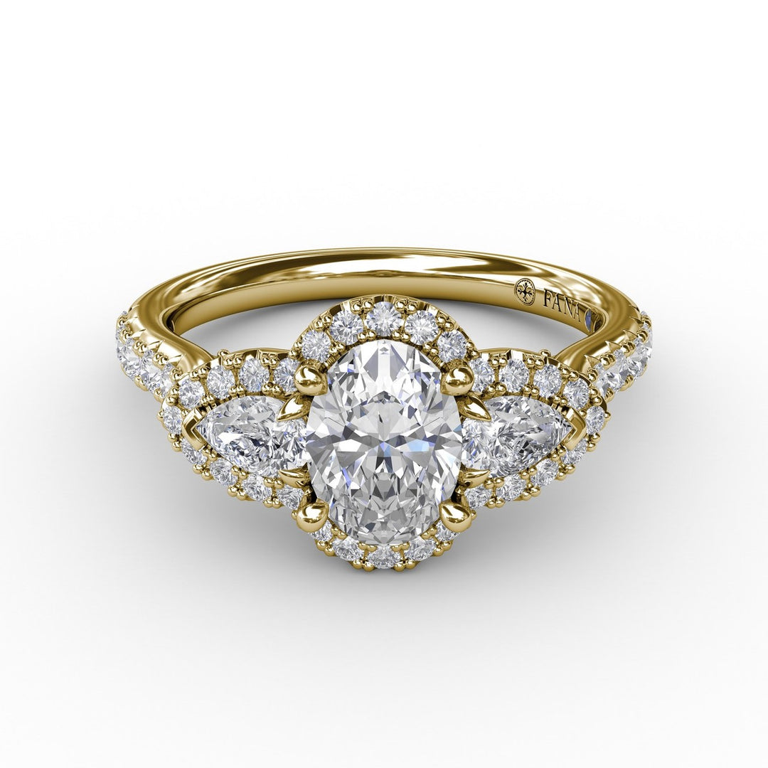 Three-Stone Round Diamond Halo Engagement Ring