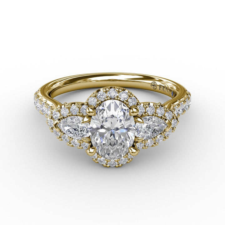 Three-Stone Round Diamond Halo Engagement Ring