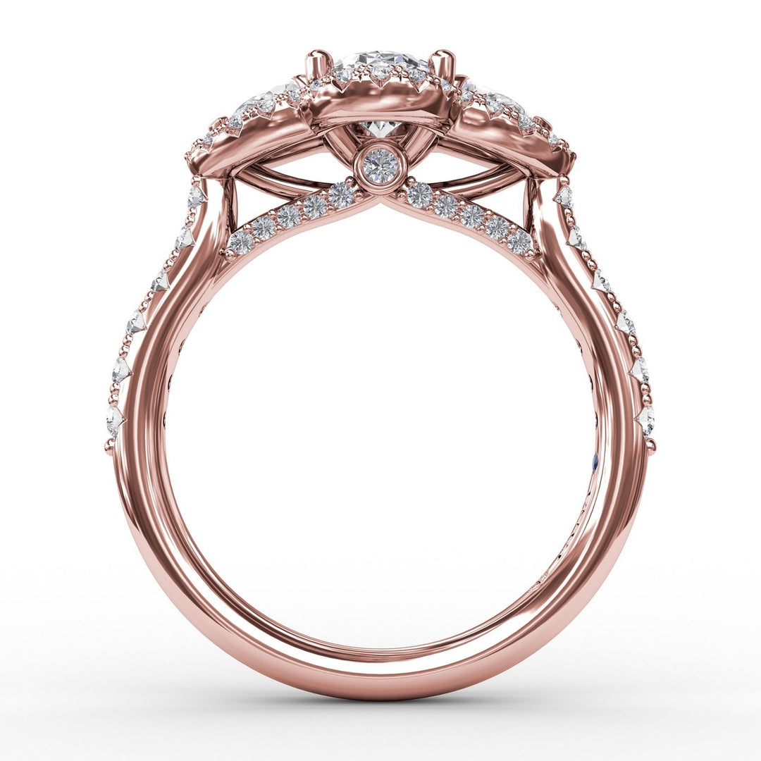 Three-Stone Round Diamond Halo Engagement Ring