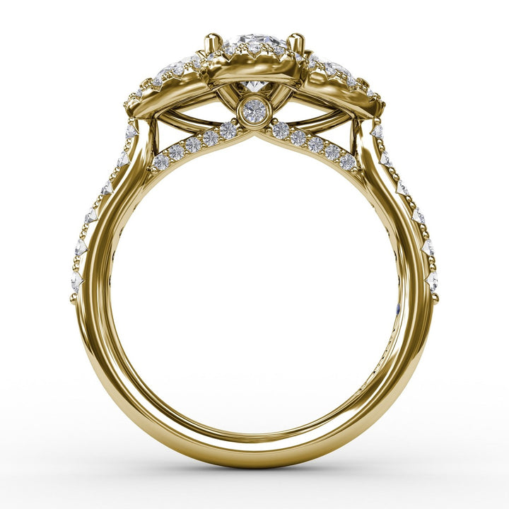 Three-Stone Round Diamond Halo Engagement Ring