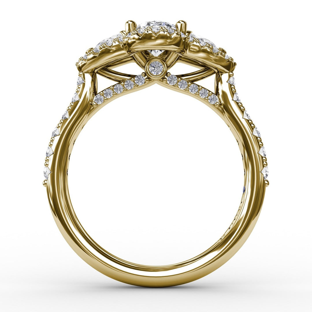 Three-Stone Round Diamond Halo Engagement Ring