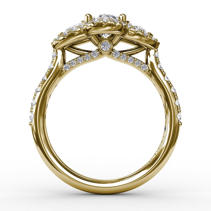 Three-Stone Round Diamond Halo Engagement Ring