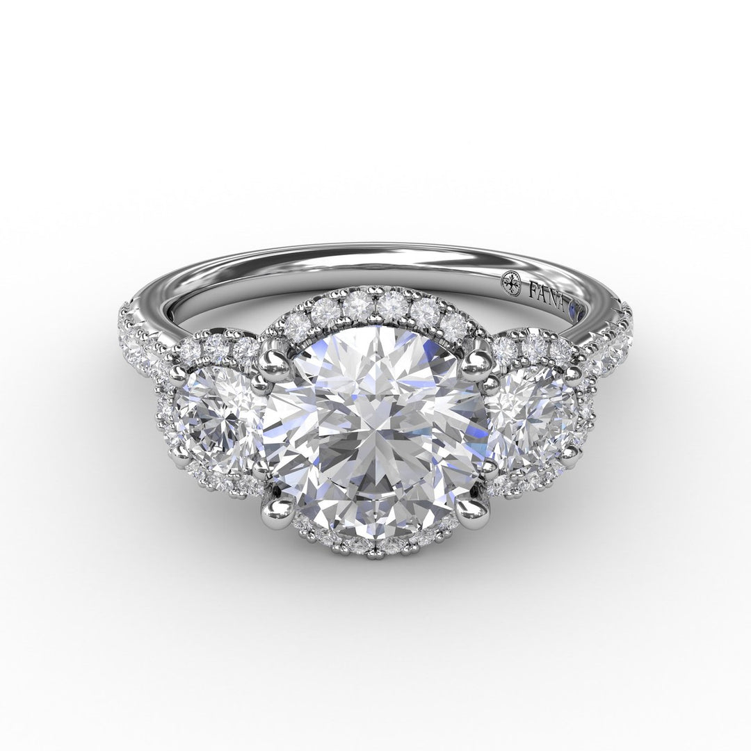 Three-Stone Round Diamond Halo Engagement Ring