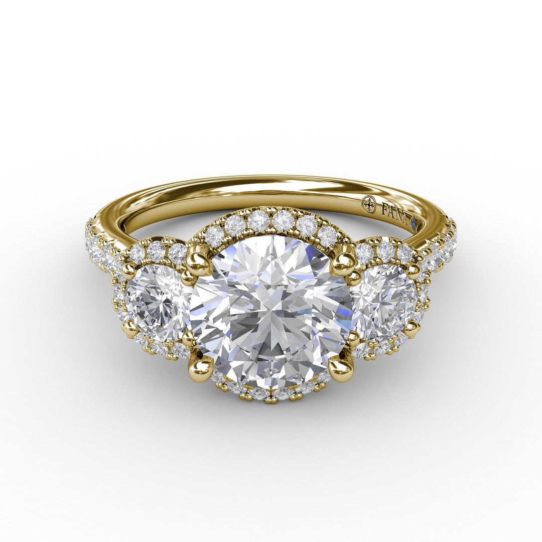 Three-Stone Round Diamond Halo Engagement Ring