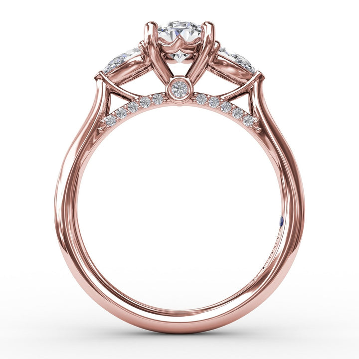Classic Oval Three-Stone Diamond Engagement Ring With Pear-Shape Side Diamonds