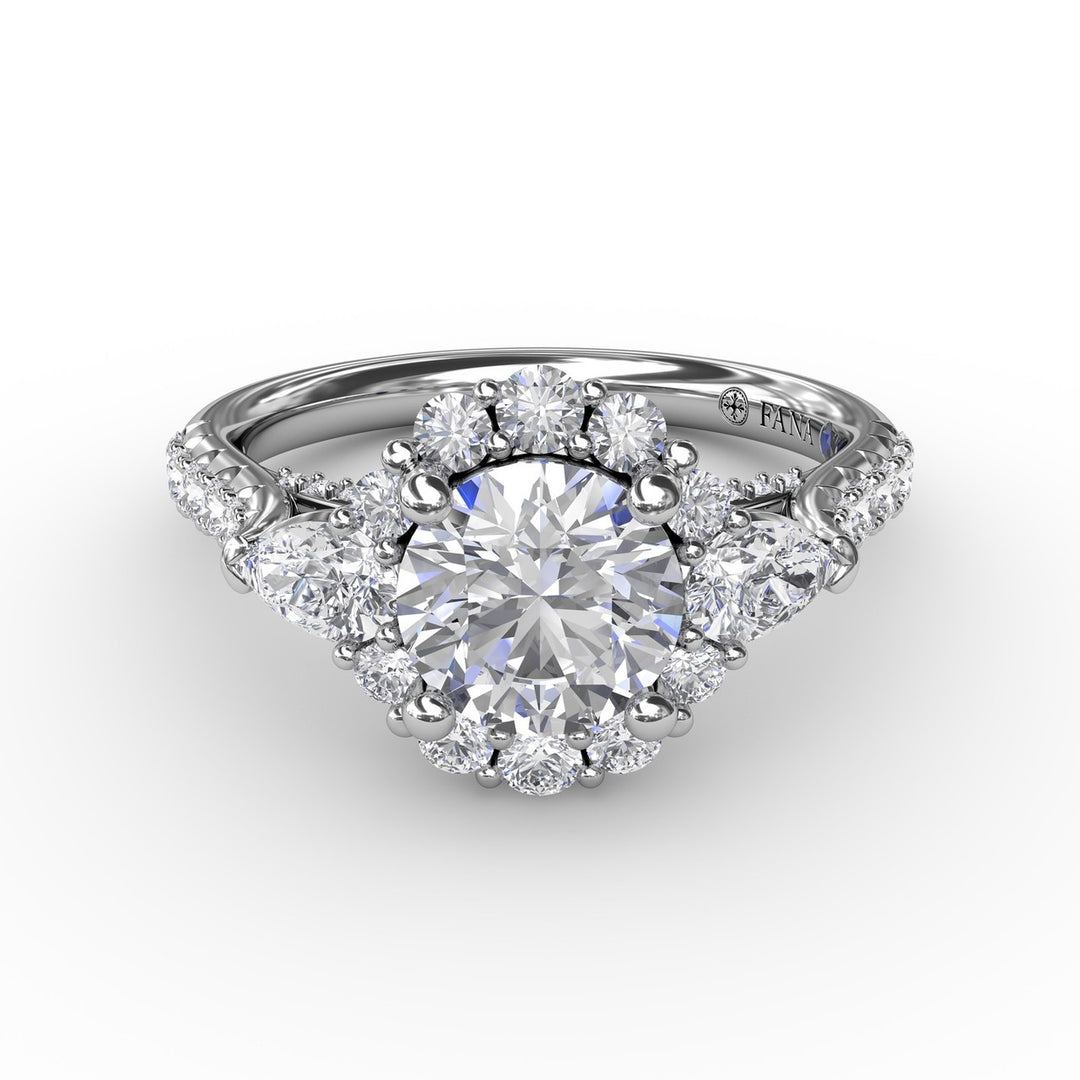 Three-Stone Diamond Halo Engagement Ring With Pear-Shape Side Stones