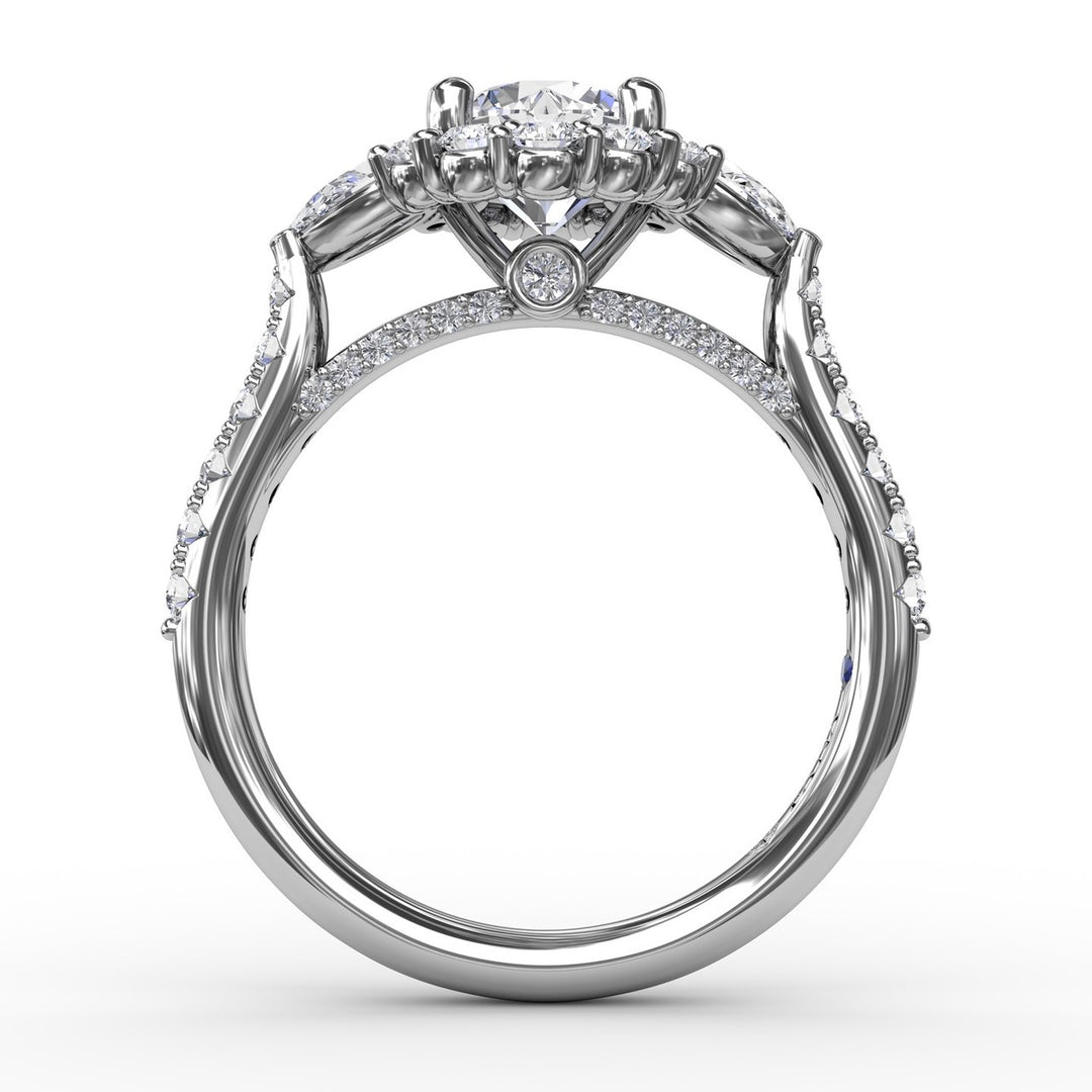 Three-Stone Diamond Halo Engagement Ring With Pear-Shape Side Stones