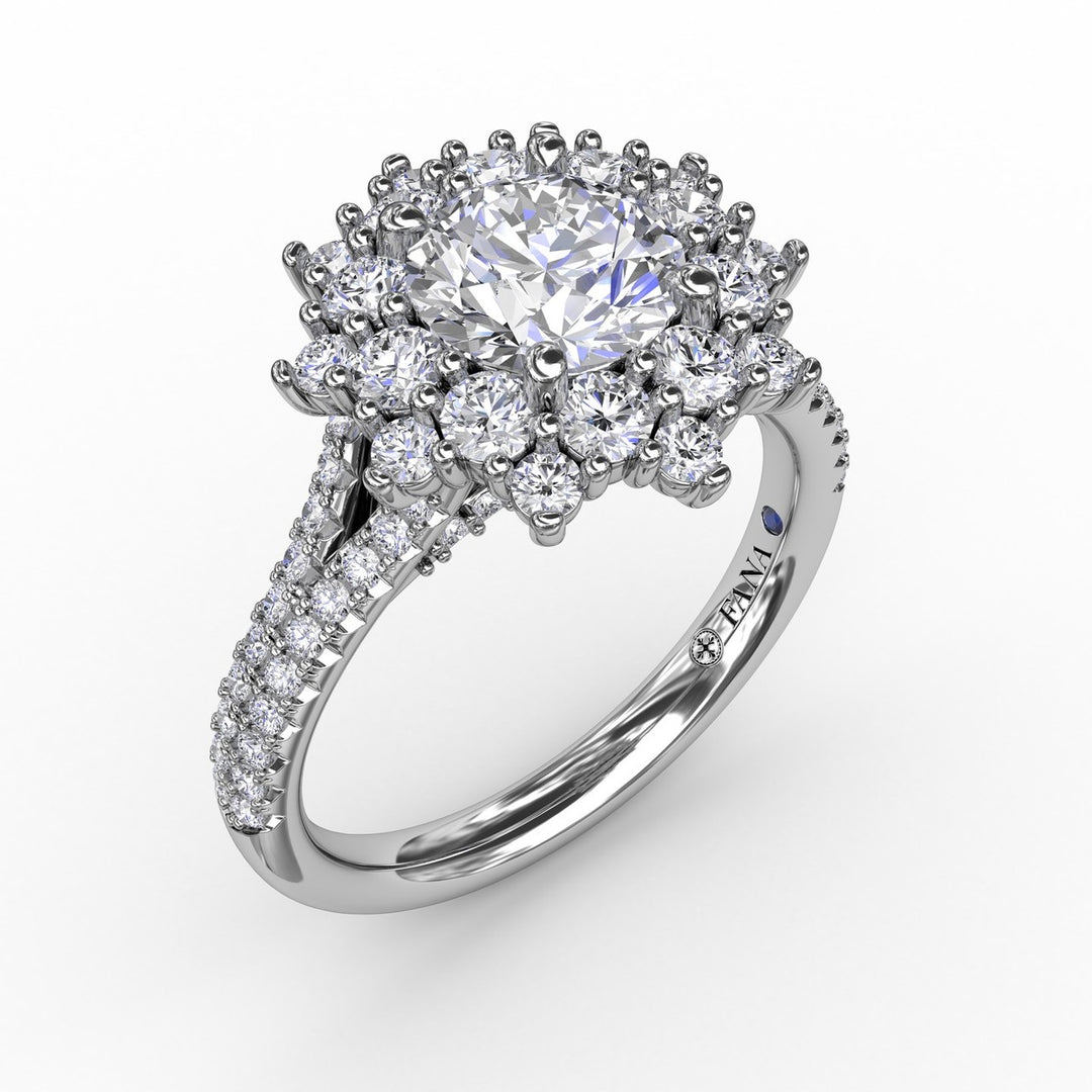 Contemporary Floral Halo Engagement Ring With Double-Row Pav? Band