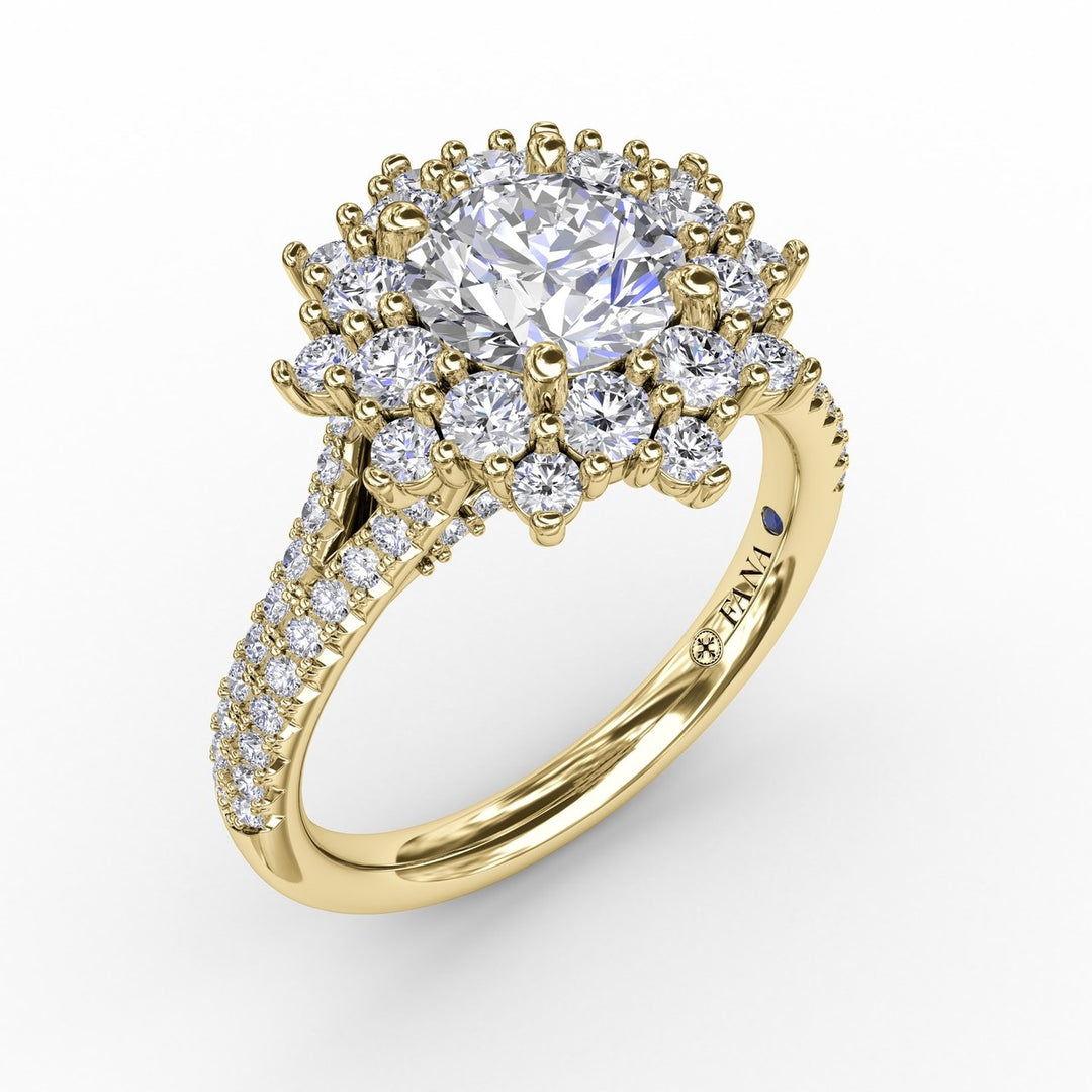 Contemporary Floral Halo Engagement Ring With Double-Row Pav? Band