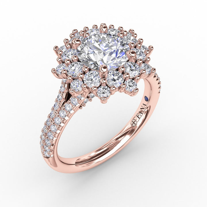 Contemporary Floral Halo Engagement Ring With Double-Row Pav? Band