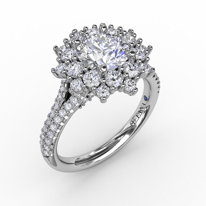 Contemporary Floral Halo Engagement Ring With Double-Row Pav? Band