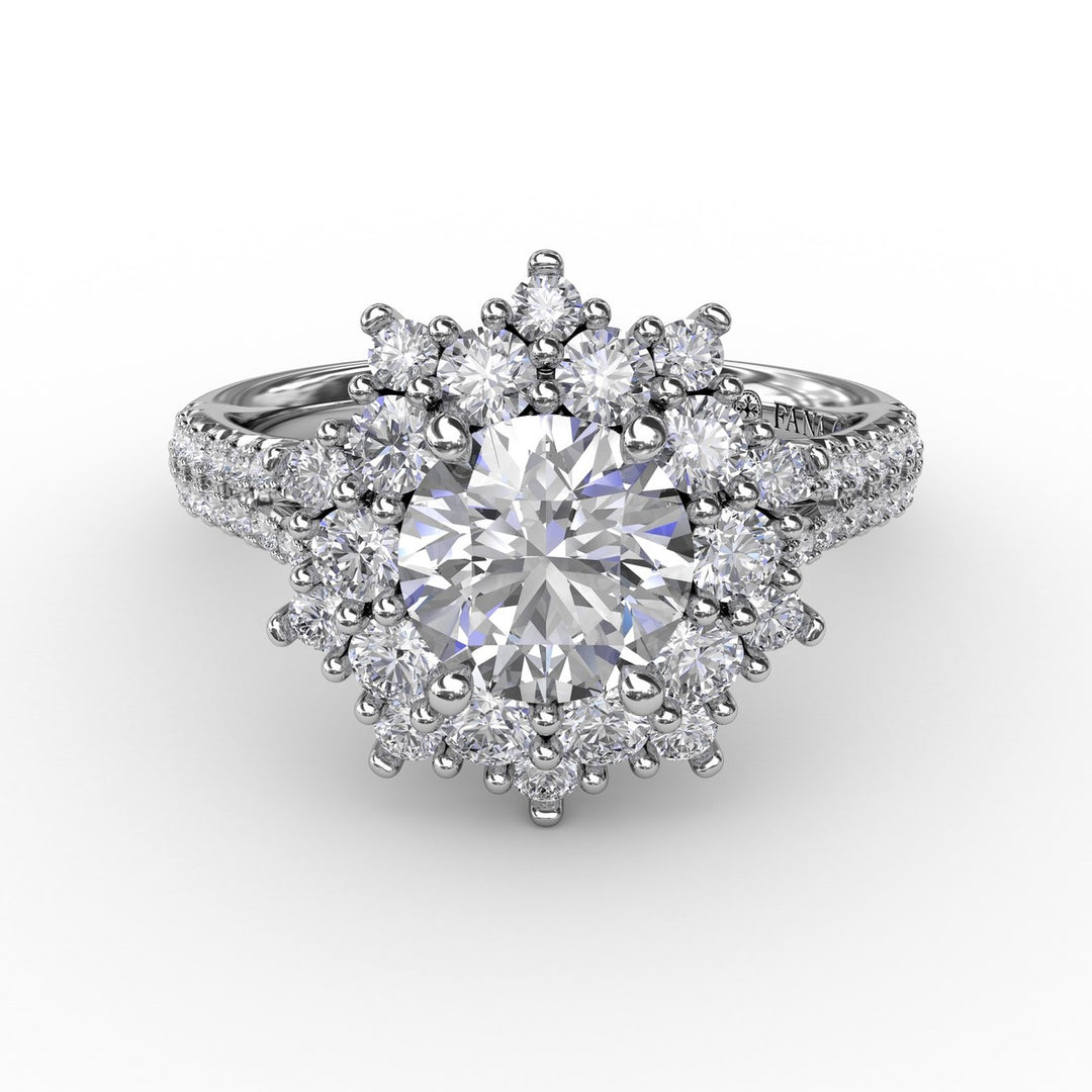 Contemporary Floral Halo Engagement Ring With Double-Row Pav? Band