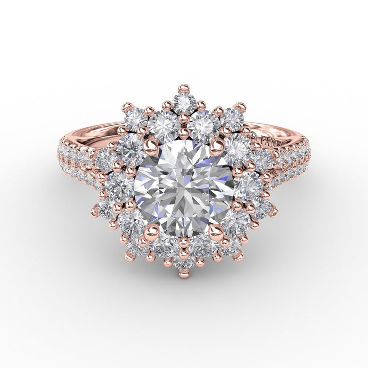 Contemporary Floral Halo Engagement Ring With Double-Row PavÃ© Band