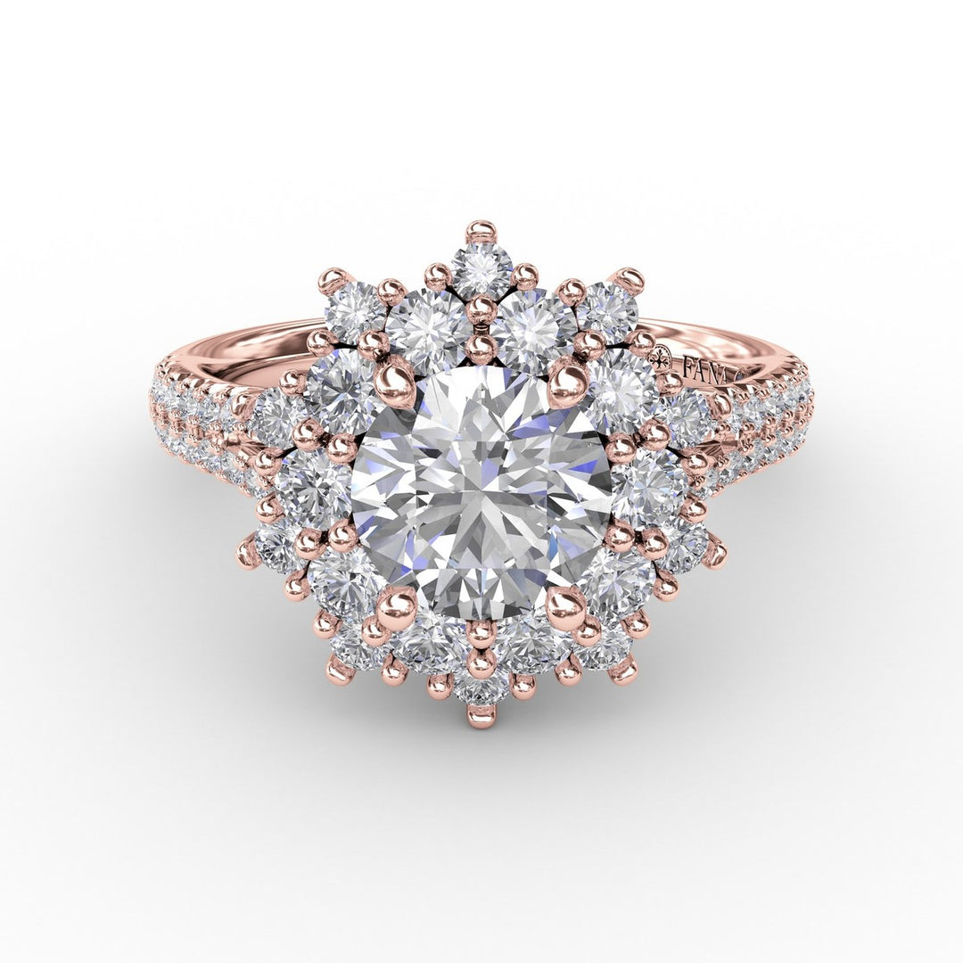 Contemporary Floral Halo Engagement Ring With Double-Row Pavé Band