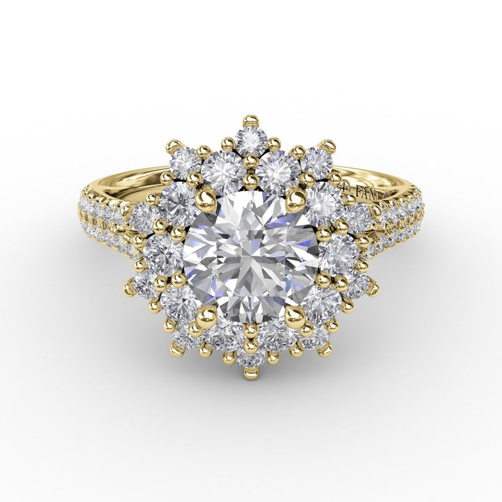 Contemporary Floral Halo Engagement Ring With Double-Row PavÃ© Band