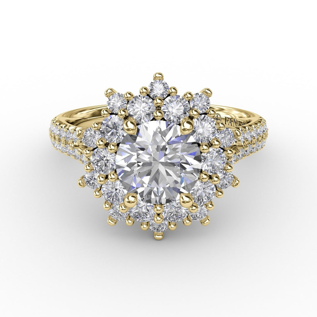 Contemporary Floral Halo Engagement Ring With Double-Row PavÃ© Band