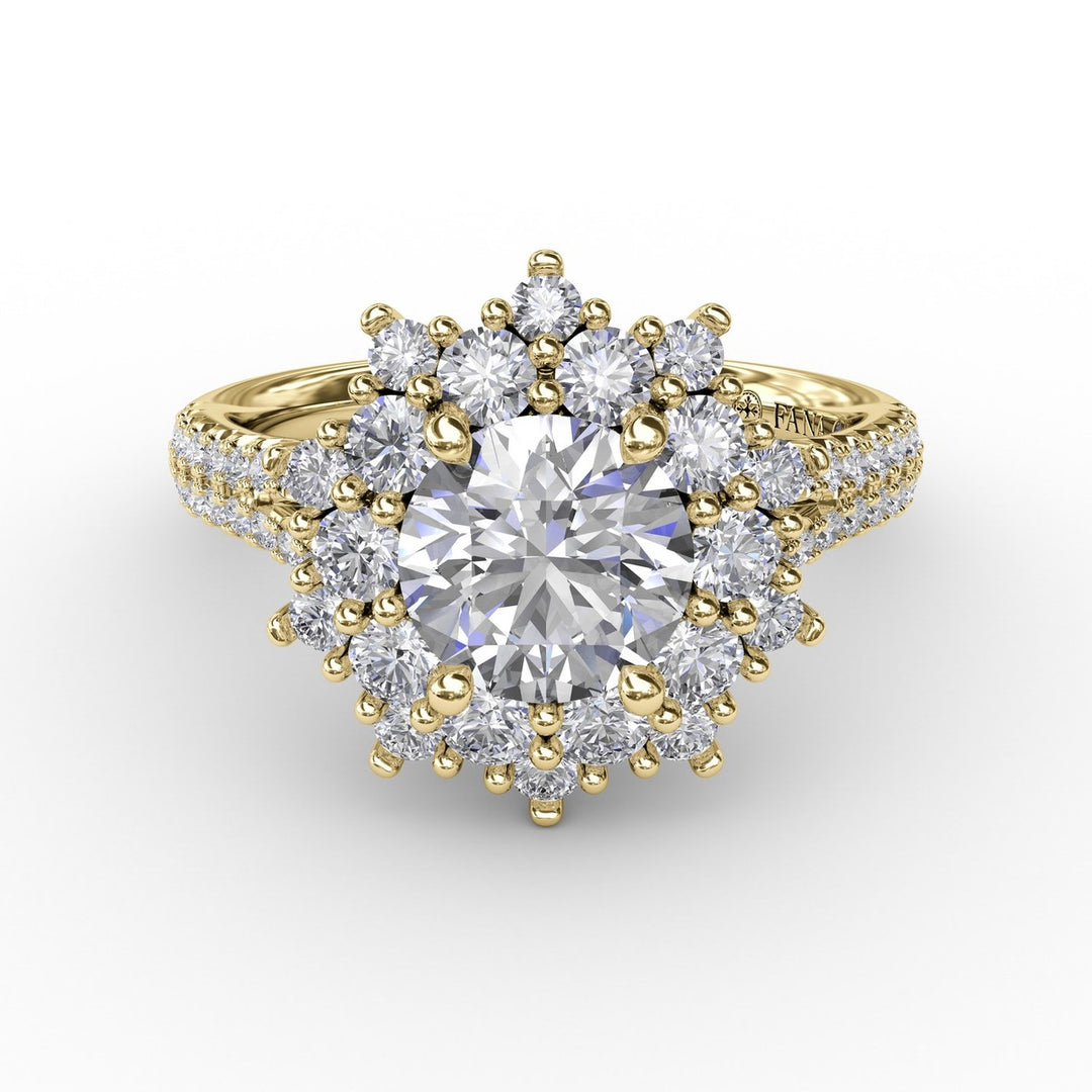 Contemporary Floral Halo Engagement Ring With Double-Row Pavé Band