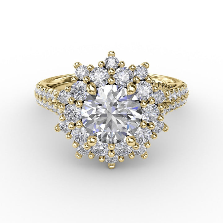 Contemporary Floral Halo Engagement Ring With Double-Row Pavé Band