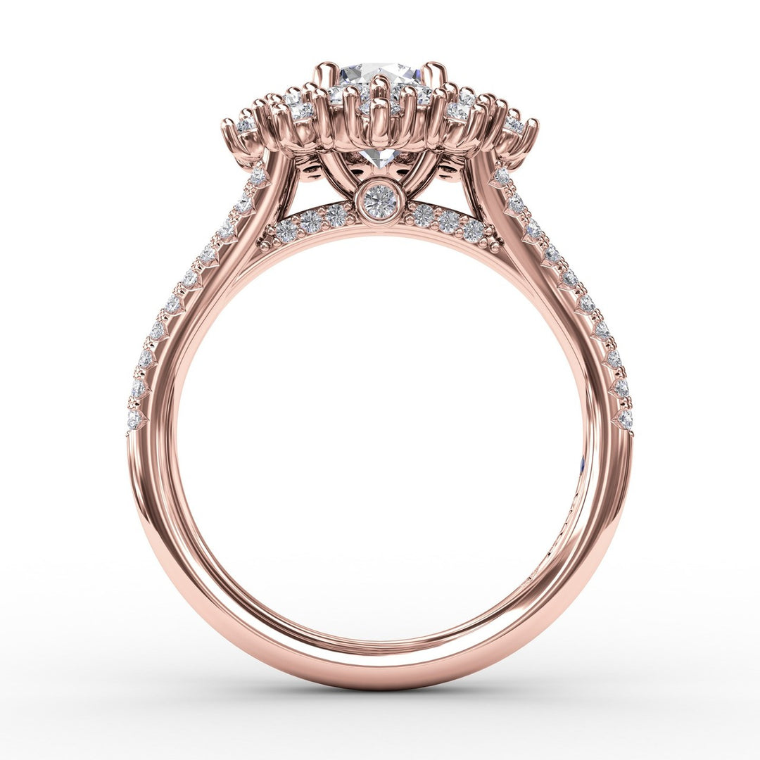 Contemporary Floral Halo Engagement Ring With Double-Row PavÃ© Band