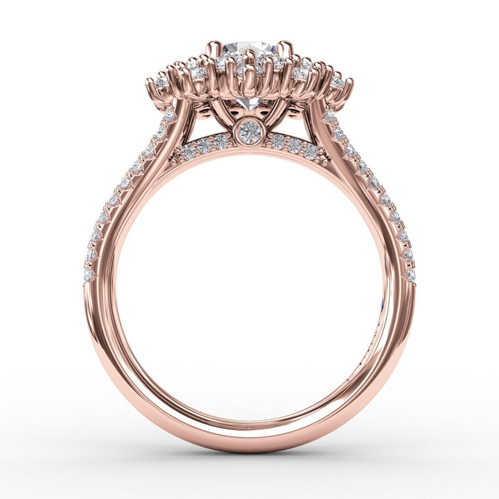 Contemporary Floral Halo Engagement Ring With Double-Row Pavé Band