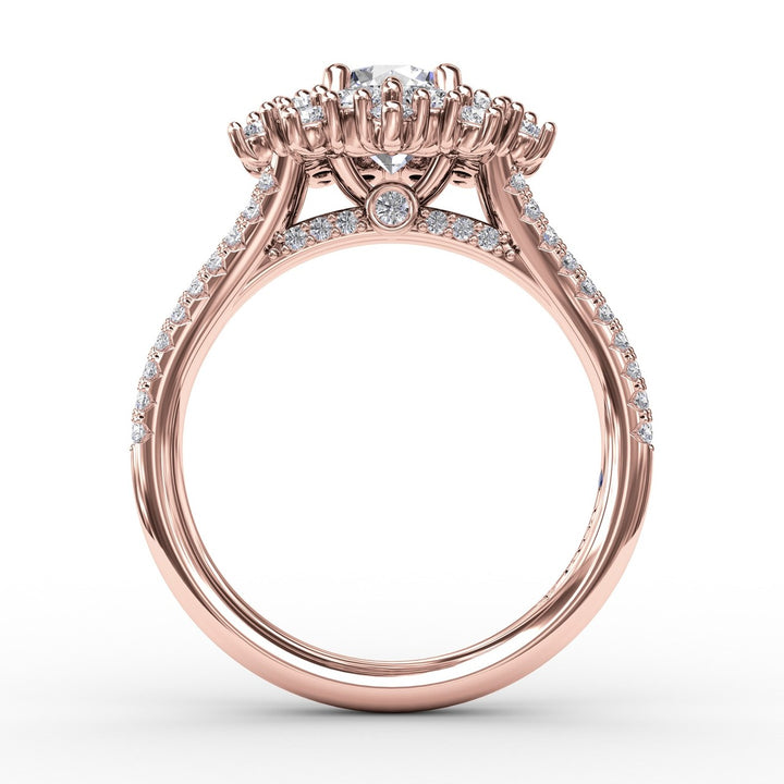 Contemporary Floral Halo Engagement Ring With Double-Row PavÃ© Band