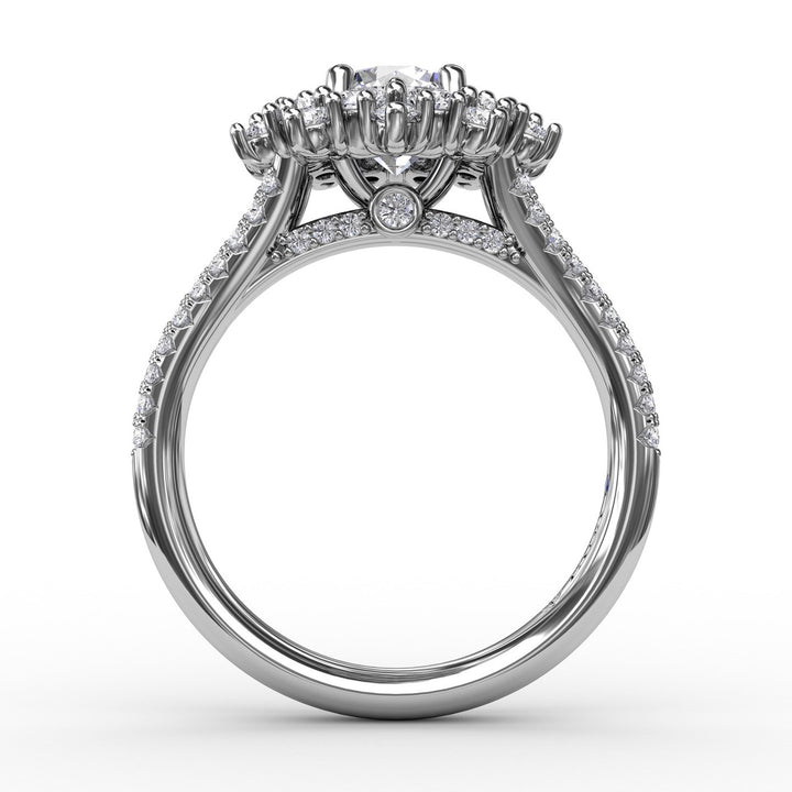 Contemporary Floral Halo Engagement Ring With Double-Row Pavé Band