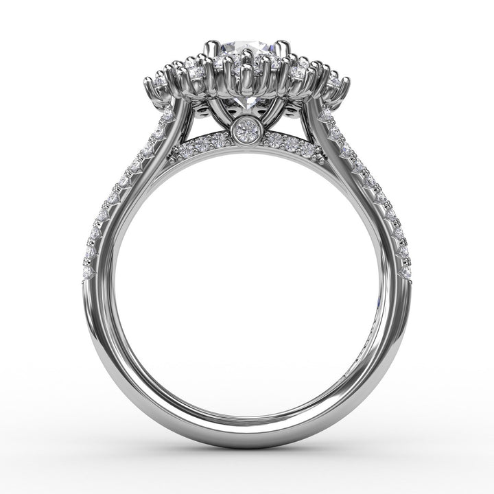 Contemporary Floral Halo Engagement Ring With Double-Row PavÃ© Band