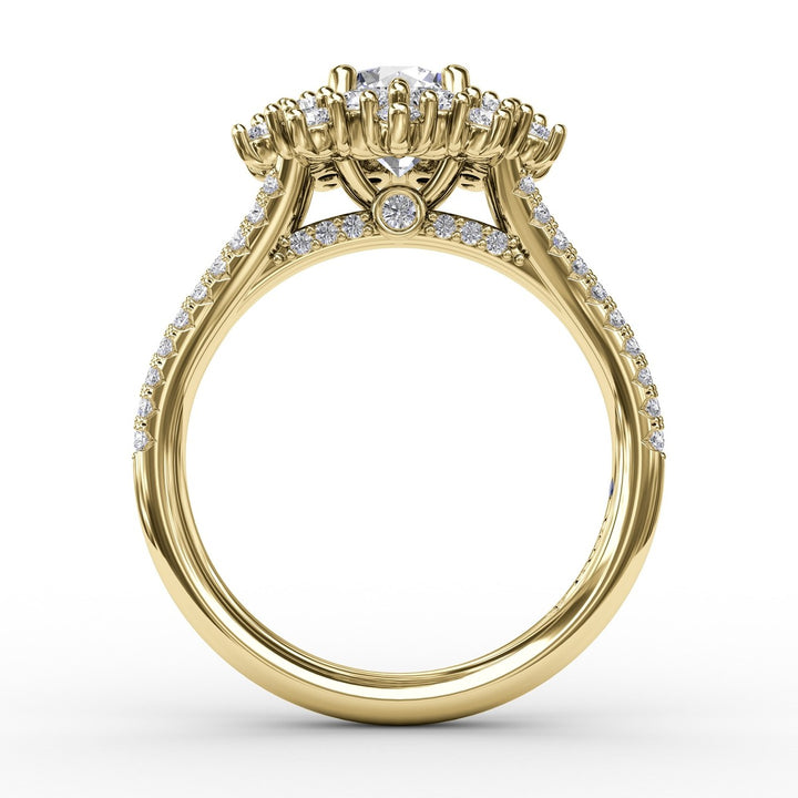 Contemporary Floral Halo Engagement Ring With Double-Row PavÃ© Band
