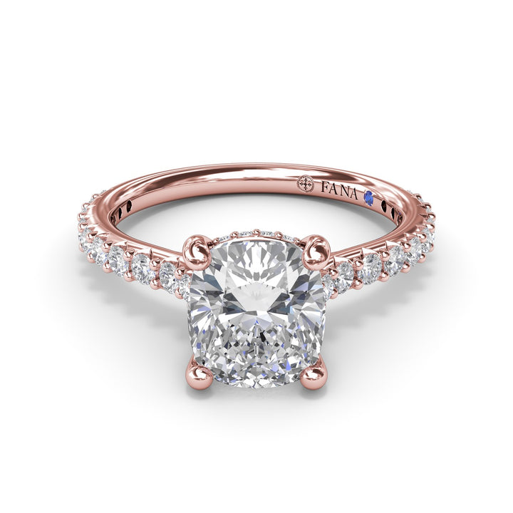 Classic Cushion Solitaire Engagement Ring With Hidden Pavï¿½ Halo
