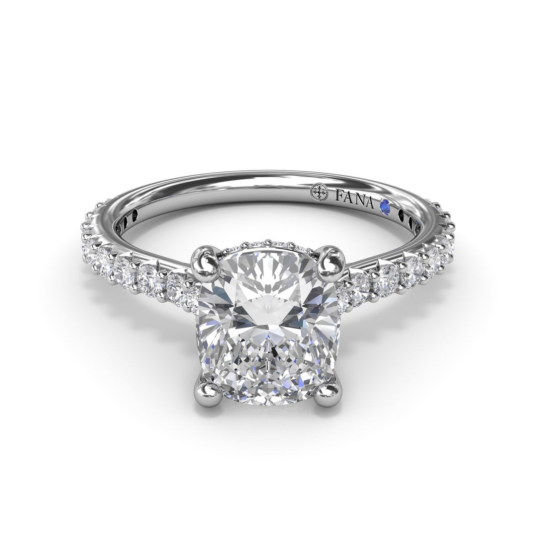 Classic Cushion Solitaire Engagement Ring With Hidden Pavï¿½ Halo